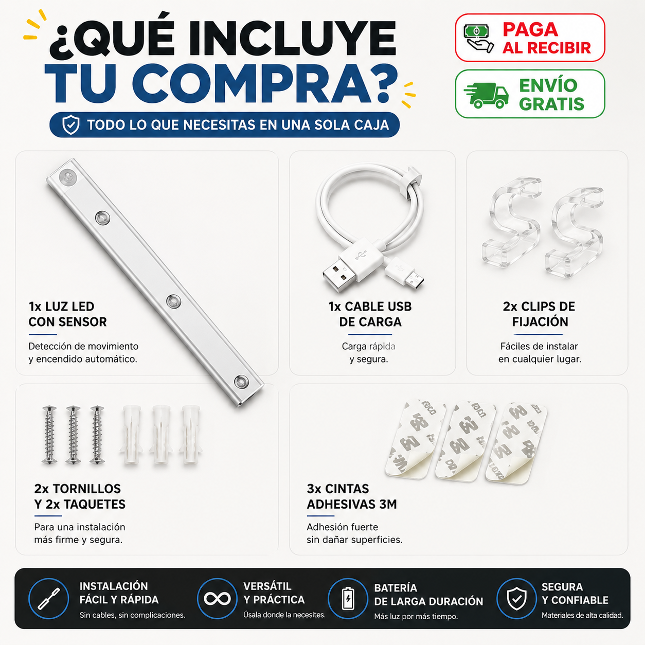 💡 Luz LED Blanca Recargable Con Sensor de Movimiento 🔥